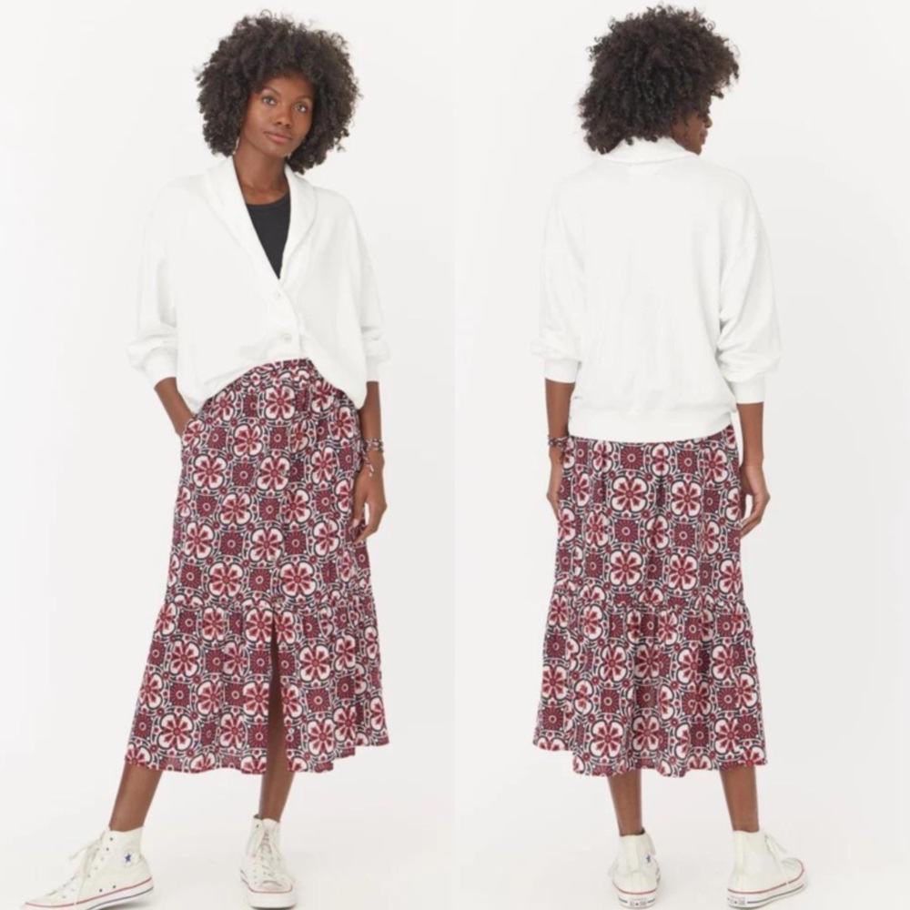 Xirena Taryn Midi Skirt Size S Tiered Cotton Boho Button Front Majorca Mosaic - Picture 2 of 7